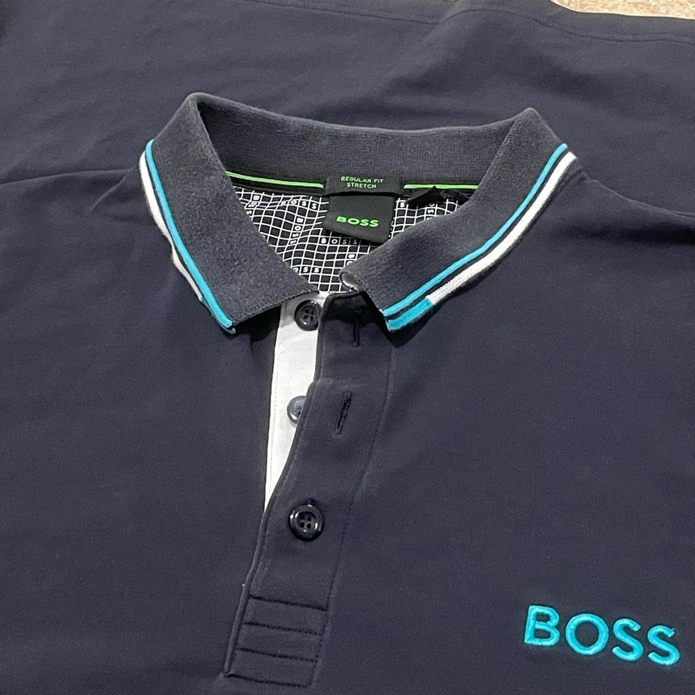 Hugo Boss Mens Golf Polo Navy Blue Gray XL Regular Fit Stretch BIG LOGO EUC